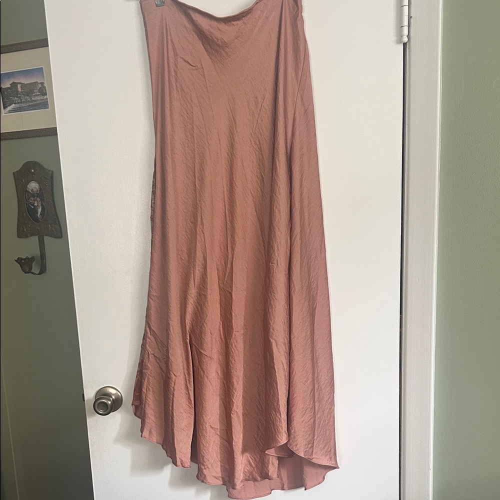 Satin A-Line Midi Skirt with lace panels in terracotta